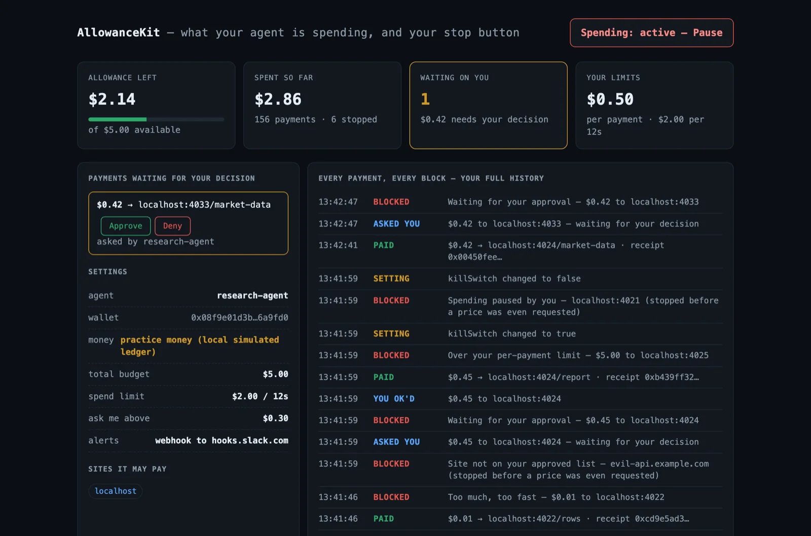 Wallie dashboard showing an agent allowance, payment approvals and the audit ledger